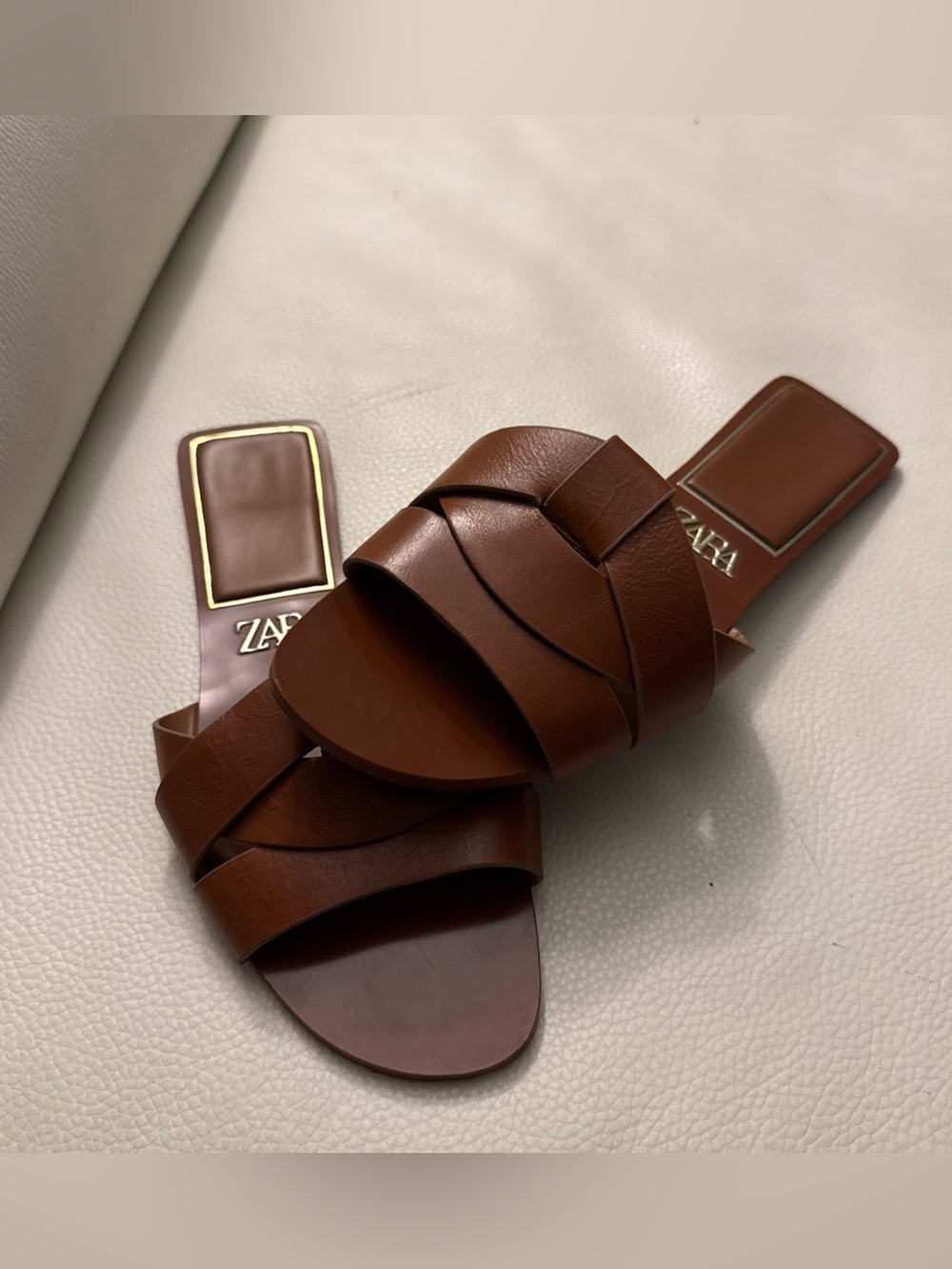 Zara FLAT CROSSED LEATHER SANDALS Brown Slide Sz. 38 - Picture 4 of 11
